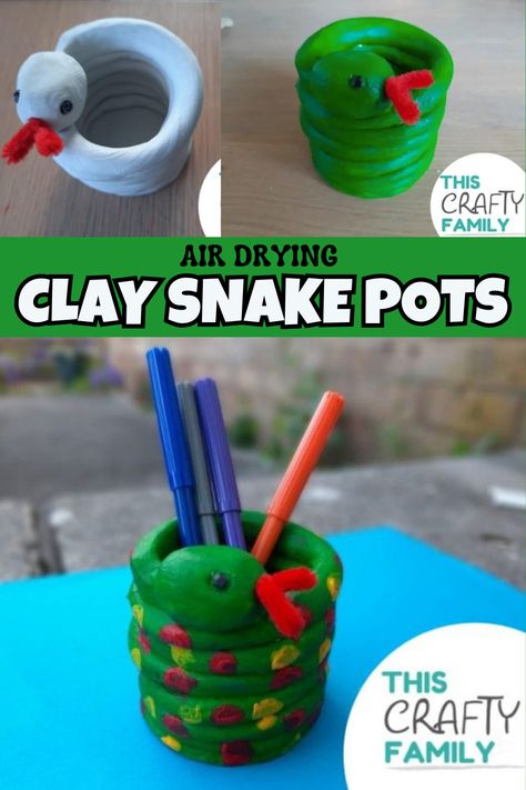 cute and easy to make air drying clay snake craft for kids. Fun summer holiday activity for kids. #craftsforkids #crafts #claycrafts #animalcraftsforkids Clay Craft Kindergarten, Clay Projects For Kindergarten, Clay Crafts For Kindergarten, Modeling Clay Activities, Air Dry Clay Kindergarten, Elementary Pottery Projects, Clay Preschool Activities, Air Dry Clay Projects Elementary, Snake Craft Ideas