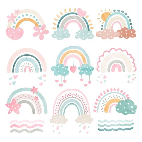 Vector watercolor illustration set of bo... | Premium Vector #Freepik #vector #moon #sun #cloud #vintage Cute Pastel Illustration, Premium Vector Watercolor, Arco Iris Boho, Rainbow Illustration, Kids Room Murals, Painted Wooden Boxes, Baby Shower Clipart, Watercolor Fabric, Handmade Hair Clip