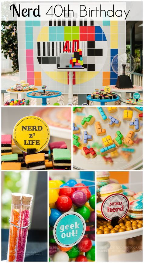 How about this nerd/geek 40th birthday party! Love the geeky cake and treats! See more party ideas at CatchMyParty.com. #nerd #geek #partyideas Geek Themed Party, Nerd Party Decorations, Nerd Birthday, Nerd Party, Geek Birthday, Geek Party, Mad Scientist Party, Science Birthday, 40th Birthday Party