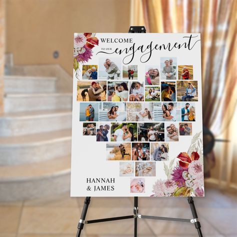 Engagement Script Heart Photo Collage Welcome Foam Board  Zazzle Picture Montage, Heart Shaped Photo Collage, Script Heart, Heart Photo Collage, Engagement Decor, Landscape Portrait, Heart Photo, Engagement Party Decorations, Wedding Posters