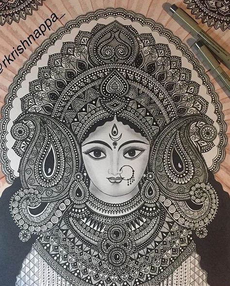 @rkrishnappa How To Draw Goddess, Yakshagana Drawing Sketch, God Mandala Art, Goddess Mandala Art, Durga Mandala Art, Durga Maa Mandala Art, Devi Mandala Art, Durga Goddess Mandala Art, Durga Puja Mandala Art