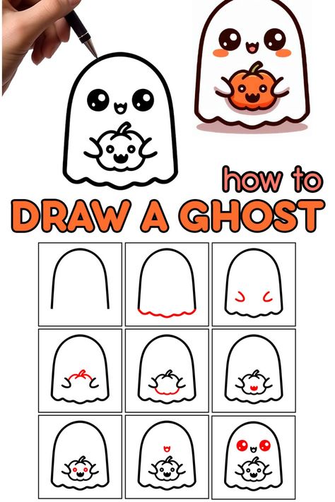 Wondering how to draw the perfect ghost for Halloween decorations? Crafting ghost illustrations can be a real challenge. Our website provides easy, clear guidance for achieving your drawing goals. Check our site and save this pin to enhance your Halloween creativity! How To Draw A Ghost Step By Step, Easy Halloween Drawings Step By Step, Halloween Drawing Easy, Draw A Ghost, Pumpkin Mouth, Easy Halloween Drawings, Ghost For Halloween, Pumpkin Eyes, Ghost Drawing