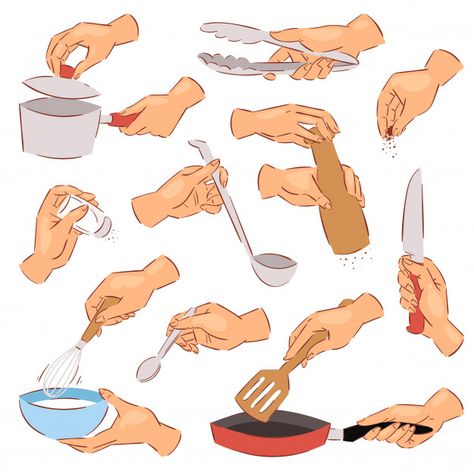 Cooking Pose Reference Drawing, Healthy Illustration, Cook Illustration, Hands Vector, Food Illustration Design, Illustration Kitchen, Kitchen Drawing, Thumbnail Sketches, Fry Pan