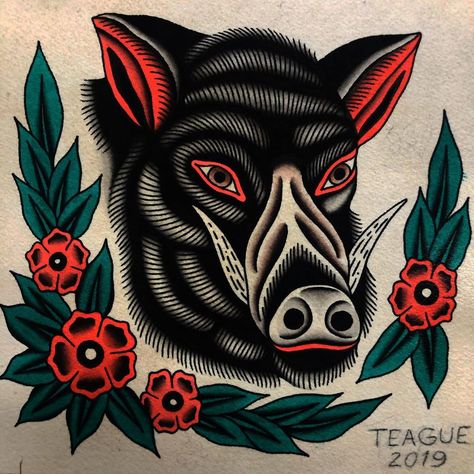 Wild Boar Tattoo Design, Traditional Pig Tattoo, Traditional Boar Tattoo, Wild Boar Tattoo, Boar Tattoo, Logo Moodboard, Pig Tattoo, Vintage Tattoo Design, Wild Hog