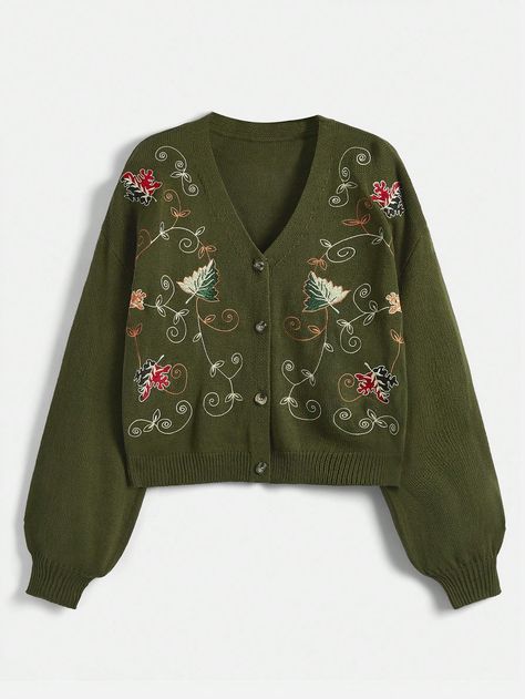 Green Casual Collar Long Sleeve Knitwear Plants  Embellished Medium Stretch  Women Clothing Aesthetic Fits, Button Front Cardigan, Sweater Collection, Light Academia, Floral Embroidery, Light In The Dark, Cardigans, Knitwear, Embroidery