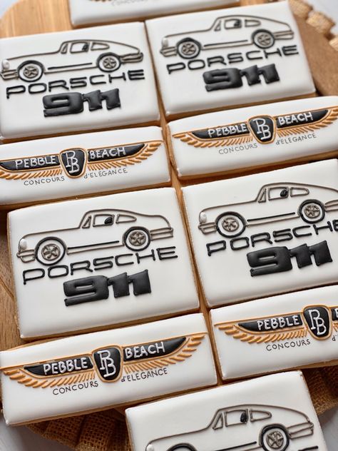 Custom decorated cookies Tesla Cookies Decorated, Bmw Cookies, Logo Cookies Decorated, Porsche Cookies Decorated, Porsche Cookies, Cars Royal Icing Cookies, Vintage Car Cookies Decorated, Porche Car, Cookies Design