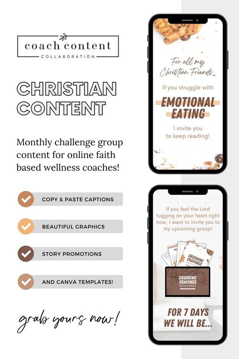 Hey faith-based coach! Would you like to help your clients learn why we emotionally eat and how to practice self-discipline? Check out our Crushing Cravings with Christ Challenge Group Guide for faith based wellness coaches. Just $14.89! | Christian challenges | Christian life | Christian encouragement | being Christian| faith based fitness | faith challenge | faith challenge ideas | #faithbased #challenge Christian Challenges, Faith Challenge, Being Christian, Health Coach Branding, Wellness Coaching Business, Challenge Ideas, Wellness Coaching, Christian Business, Faith Encouragement