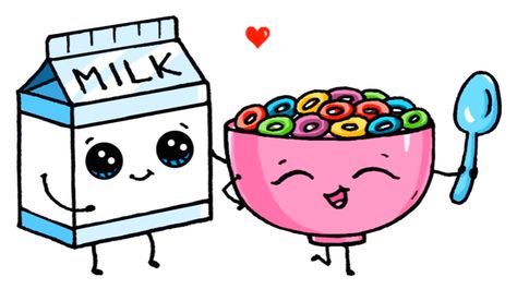 Milk and Cereal Images Kawaii, Cute Food Drawings, Cute Kawaii Drawings, Kawaii Doodles, Dessin Adorable, Cute Easy Drawings, Food Drawing, Cute Animal Drawings, Kawaii Drawings