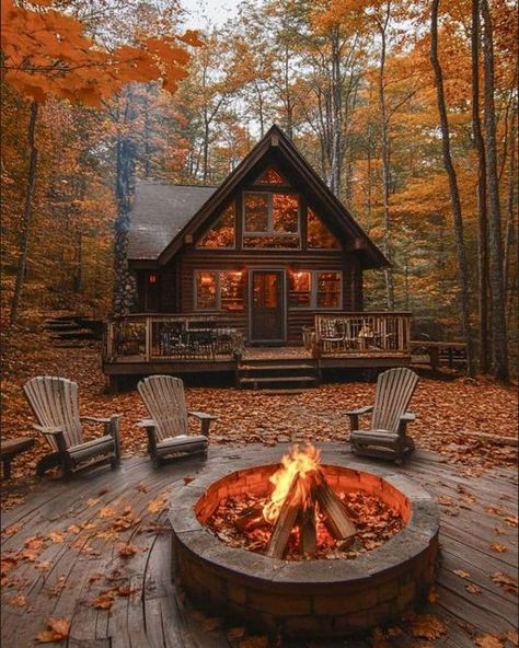 Fall Cabin, Old Cabins, Follower Count, Cabin Aesthetic, Social Media Profile, Cabin Exterior, Hunting Camp, Cabin Vacation, Fire Pit Designs