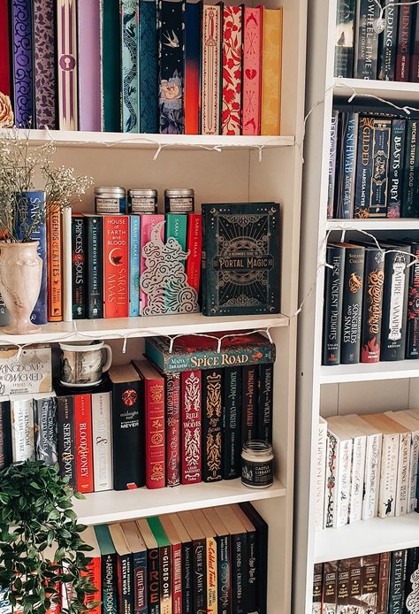 Fantasy Book Shelf Decor, Fantasy Book Shelf Aesthetic, Fantasy Bookshelf Decor, Book Cover Decoration Ideas, Books Dark Academia Aesthetic, Fantasy Book Shelf, Book Cover Decoration, Cover Decoration Ideas, Dark Academia Bookshelf