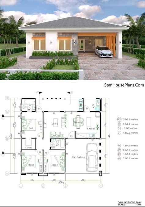 Hip Roof House Plans, House Plans With Garage, House Design 3d, Small House Blueprints, Modern Bungalow House Design, Bungalow Style House, Bungalow Style House Plans, Little House Plans, Affordable House Plans