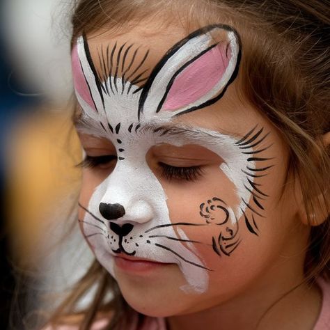 Face Painting Rabbit, Rabbit Face Paint, Easy Face Painting Ideas, Bunny Face Paint, Easy Face Painting, Face Painting Ideas, Cheek Art, Rabbit Face, Face Painting Easy