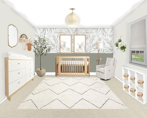 Nursery rendering, gender neutral nursery, wallpaper in nursery Ruggable Nursery, Sage Green Nursery Gender Neutral, Light Green Nursery, Nursery 2024, White Nursery Furniture, Light Green Bedrooms, Small Room Nursery, Twin Room, Wood Nursery