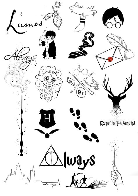 Dobby Tattoos Small, Harry Potter Tattoos Flash, Tiny Hogwarts Tattoo, Harry Potter Designs Drawings, Harry Potter Sleave Tattoo, Harry Potter Disney Tattoo, Easy Harry Potter Tattoos, Small Tattoo Harry Potter, Harry Potter Small Drawings