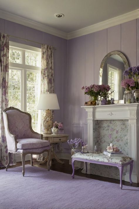 Soft Lavender Aesthetic Pastel, Lilac Living Room, Lavender Living Room, Purple Cottage, Cherry Wood Kitchen Cabinets, Sage Green Living Room, Lavender Interior, Lavender Products, Lavender Room