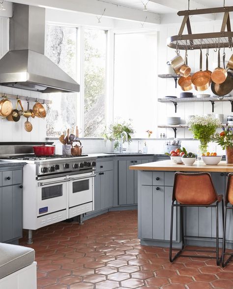 Frances Merrill Gray Kitchen Kitchen With Terracotta Floor, Classic Kitchen, Grey Cabinets, Grey Kitchen, Favorite Kitchen, Kitchen Design Small, Beautiful Kitchens, Rustic Kitchen, Küchen Design