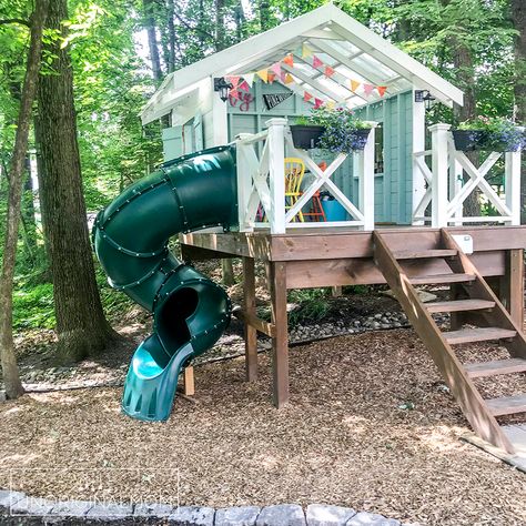 Playhouse Slide, Handmade Hideaway, Wooded Backyard, Playhouse Design, Backyard Fort, Playhouse With Slide, Take More Photos, Play Area Backyard, Backyard Kids Play Area