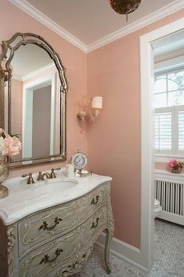 Coral Sherwin Williams, Coral Paint, Country Bathroom Designs, Wall Decor Master, Baños Shabby Chic, Bathroom Mirror Design, French Country Bathroom, Pink Vanity, Elegant Bath