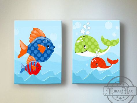 Ocean Theme Kids Wall Art Boys wall art    Fish And by MuralMAX,  #Beach #WhaleNursery #BoyRoomDecor #ModernNursery Nautical Nursery Art, Whale Canvas, Whimsical Fish, Boy Nursery Themes, Baby Boy Nursery Themes, Nursery Canvas, Octopus Design, Boy Wall Art, Art Theme