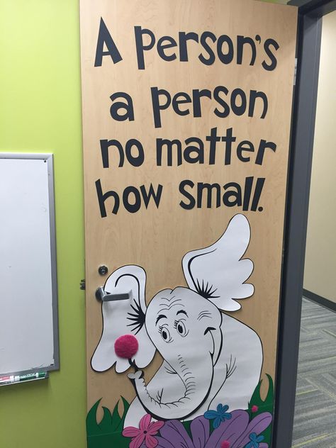 Door decor I made for my coworker. Horton Hears A Who. The flower is fuzzy! Horton Hears A Who Bulletin Board, Dr Seuss Door Decorations, Dr. Seuss Door, Dr Seuss Classroom Door, Dr Seuss Bulletin Board, Preschool Door, Teacher Door Decorations, Dr Seuss Preschool, Dr Seuss Classroom