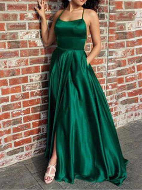 Prom Dresses Forest Green, Green Satin Prom Dress, Emerald Green Prom Dress, Split Prom Dresses, Bridesmaid Colors, Winter Formal Dresses, Backless Evening Dress, Prom Dresses With Pockets, Cheap Evening Dresses