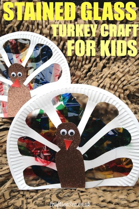 stained glass turkey craft for kids Stained Glass Turkey, Fall Storytime, Daycare Thanksgiving, Quick Kids Crafts, Turkey Craft For Kids, November Preschool, Paper Plate Turkey, Thanksgiving Fruit, Turkey Crafts Kids