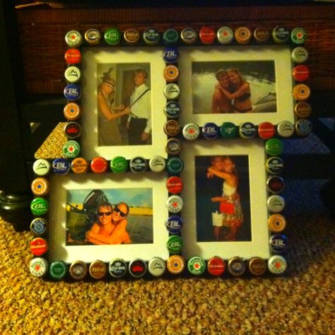 For valentines day I got my boyfriend a collage picture frame and glued beer tops to it! Very fun project! How To Make Beer Poster For Boyfriend, Beer Poster For Boyfriend, Beer Bottle Top Crafts Wall Art, Bottle Cap Picture Frame, Decorated Picture Frames For Boyfriend, Diy For Men, Collage Picture Frames, Presents For Boyfriend, Diy Presents