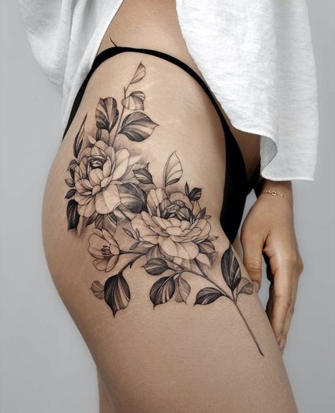 Rose Tattoo On Hip, Floral Hip Tattoo, Flower Thigh Tattoos, Hip Thigh Tattoos, Thigh Tattoo Designs, Rose Tattoos For Women, Wildflower Tattoo, Hip Tattoos Women, Flower Tattoo Sleeve