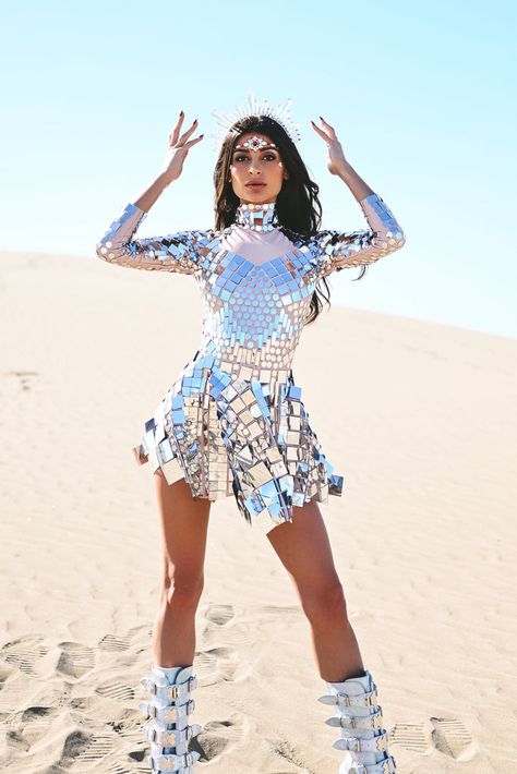 Futuristic Party, Futuristic Dress, Futuristic Outfits, Mirror Dress, Silver Outfits, Dumping Ground, Burning Man Outfits, Rave Fashion, Rave Outfit