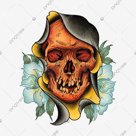 Grim Reaper Traditional, Traditional Skull Tattoo, Neo Traditional Tattoo Design, Literature Tattoos, Neo Japan, Traditional Skull, 3d Chalk Art, Grim Reaper Tattoo, Reaper Tattoo