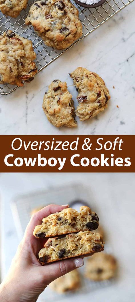 Cowboy Cookies - A Beautiful Mess Cowboy Cookies Recipe, Cowboy Cookie, Soften Brown Sugar, Cowboy Cookie Recipe, Oats Chocolate, Cowboy Cookies, Favorite Cookie Recipe, Oat Cookies, A Beautiful Mess