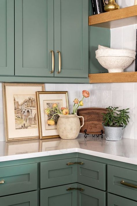 Sage Green Cabinet Black Hardware, Green Accent Backsplash, Kitchen Flooring With Green Cabinets, Kitchen Decor With Green Cabinets, Boho Green Cabinets, Full Wall Kitchen Tile, Painted Cabinets Kitchen Green, Small Kitchen Remodel Green, Benjamin Moore Peale Green Kitchen Cabinets