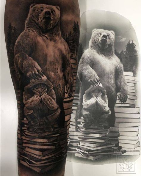 Black and grey bear tattoo on the right inner forearm. Black And Grey Bear Tattoo, Grizzly Bear Tattoos For Men, Bear Forearm Tattoo, Bear Tattoos For Men, Grizzly Bear Tattoos, Black Bear Tattoo, Tattoo Bear, Outdoor Tattoo, Beer Tattoos