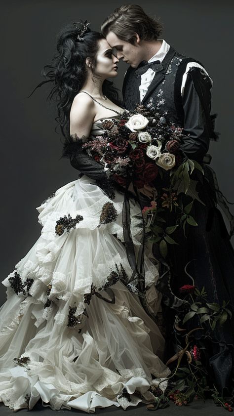 wedding couple in a gothic themed wedding Wedding Gothic Dress, Light Gothic Wedding, Gothic Wedding Photo Ideas, Vintage Goth Wedding Ideas, Gothic Wedding Hairstyles Brides, Metal Head Wedding, Wedding Dresses With Black Lace, Soft Goth Wedding, Vintage Gothic Wedding Dress