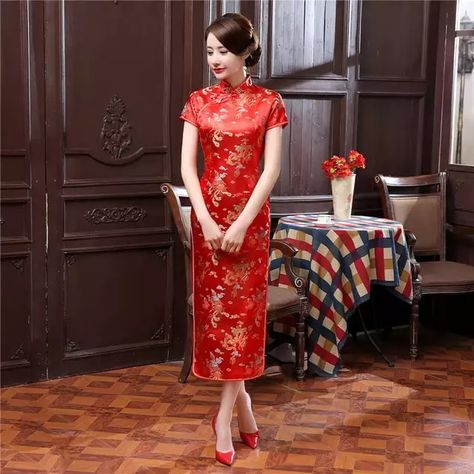 Chinese Long Dress, Dragon Dress, Cheongsam Traditional, Qipao Pattern, Wedding Qipao, Red Qipao, Modern Qipao, Chinese Traditional Costume, Chinese Cheongsam