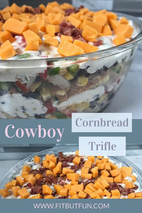 This cornbread trifle is perfect to feed lots of people at a potluck! It's full of cowboy salsa, bacon, ranch and cornbread! Cowboy Salsa, Sour Cream Cornbread, Cowboy Cornbread, Salsa Ranch, Cornbread With Corn, With Cornbread, Canning Sweet Corn, Summer Potluck, Gluten Free Cornbread