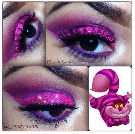 Alice in wonderland themed Cheshire Cat Eyes And Smile, Alice Makeup Ideas, Cheshire Cat Disneybound, Cheshire Cat Makeup Easy, Alice In Wonderland Makeup Ideas, Wonka Makeup, Cheshire Makeup, Horror Kitty, Cat Costume Makeup