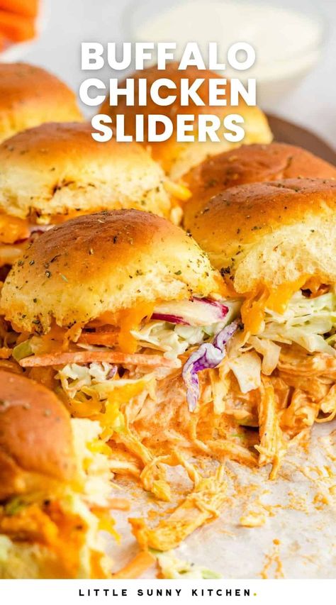 Creamy, spicy shredded chicken, melty cheese, and cool coleslaw make the best buffalo chicken slider sandwiches on Hawaiian rolls. Sandwiches On Hawaiian Rolls, Superbowl Apps, Reunion Recipes, Buffalo Sliders, East Meals, Spicy Shredded Chicken, Sliders Sandwiches, Buffalo Food, Kids Dinners