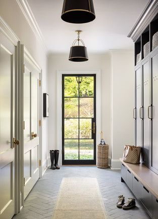 black iron frame door Herringbone Tile Floor Mudroom, Slate Herringbone Floor, Slate Herringbone Tile Floor, Herringbone Floor Tiles, Brick Herringbone Floor, Cottage Foyer, Transitional Laundry Room, Herringbone Tile Floors, Slate Tile Floor