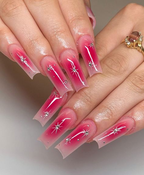 Aura Nails Tapered Square, Summer Nails Square Pink, Long Coffin Summer Nails, Air Brush Nail Designs Ideas, Air Brush Nail Set, Aura Nails Acrylic, Quartz Nails, Aura Nails, Long Acrylic Nail Designs