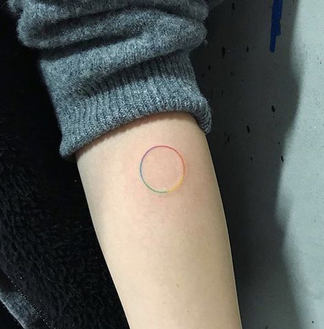 Colour Wheel Tattoo, Rainbow Circle Tattoo, Rainbow Line Tattoo, Tiny Colorful Tattoos, Color Wheel Tattoo, Colorful Tattoo Ideas, Harmony Tattoo, Lgbt Tattoo, Small Colorful Tattoos