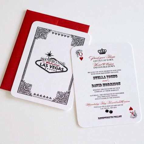 "Stella Las Vegas Wedding Invitation - Playing card style Invitation - Perfect for a Vegas Wedding, Casino Themed Party or Corporate Event. Colors and Wording can be customized. Invitation Size is 4\" x 5 1/2\" - Printed on White Metallic Cardstock - Double sided with rounded corners and White or Red metallic envelopes.  $2.75 each RSVP Card with Reply envelope is 3.5\" x 5\" - Printed on White metallic card stock - Single sided with rounded corners and White or Red metallic envelopes. $1.50 eac Playing Card Invitation, Casino Themed Party, Las Vegas Wedding Reception, Vegas Wedding Reception, Vegas Wedding Invitations, Las Vegas Wedding Invitations, Old Vegas, Vegas Party, Las Vegas Wedding