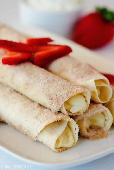 Dessert Taquitos, Cheesecake Taquitos, Tortilla Dessert, Life In The Lofthouse, Taquitos Recipe, Fun Dessert, Mexican Dessert Recipes, Almond Extract, Themed Desserts