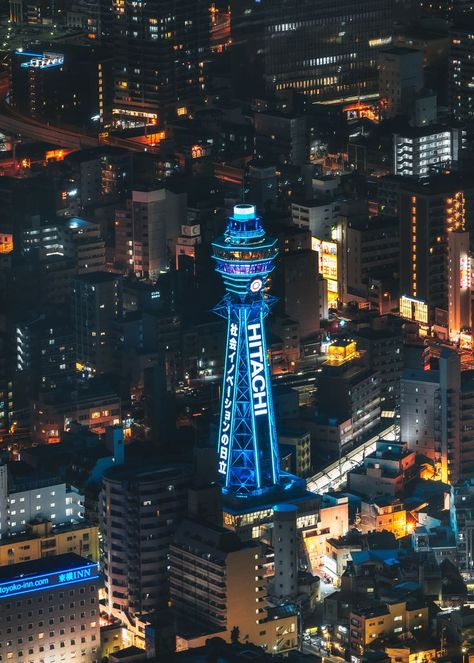 Tsutenkaku Tower in Osaka. A night photography lover's gift idea for who loves tower and Japan culture. Whether for a birthday, Christmas, or as a gift in general, it makes a great gifting item on a t-shirt, mug, hoodie and so much more. Birds Eye View City, Raw Photo, Free City, Japan Culture, Galaxy Phone Wallpaper, Night Photos, Osaka Japan, Places Of Interest, Birds Eye View