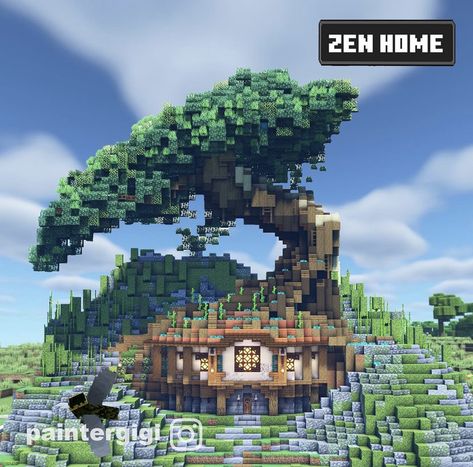 Fantasy Minecraft Bridge, Minecraft Fantasy World Ideas, Fantasy Mega Base Minecraft, Cliff Minecraft House, Minecraft Huge Tree, Cliff Base Minecraft, Minecraft Tree Base, Minecraft Cliff House Ideas, Minecraft Terraforming Ideas