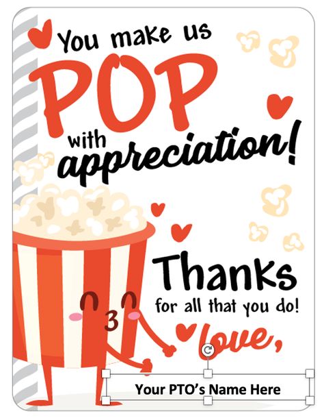 Popcorn Teacher Appreciation, Volunteer Appreciation Week, Popcorn Bar Sign, Teacher Appreciation Themes, Cute Gift Tags, Pto Today, Teacher Morale, Staff Appreciation Week, Appreciation Gifts Diy