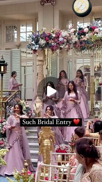 Gaur rang on Instagram: "The unique bridal entry for our 24-25 brides to be ♥️
Tag and share with someone who needs such amazing bridal entry with the bridesmaids ❣️

Bride: @krishna_dattani_ 
Makeup: @sophia_aafreen 
Outfit: @marwarcouture 
Jewellery: @raabtabyrahul 
Decor: @shagunweddingsuk 
Entry coordinator: @shyamdattanii 
Coordination: @_pristineevents_ 
Content Creators: @momentsbysej @realmomentscontent 
Photographer: @photographybygagan 
Videographer: @musemotionpictures 
Catering: @shimlafoods 

#bridalentry #indianbride #shaadi #destinationwedding #indianwedding #bridaljewellery #bridemaids #lehenga #beautiful #emotions #love #indian #thegreatindianwedding #bridetobe #wedding" Unique Bride Entry Indian Wedding, Bride Entry Indian Wedding, Unique Indian Bridal Lehenga, Unique Bridal Entry, Lehenga Beautiful, Unique Bridal Lehenga, Wedding Dances, Bridal Entry, Bride Entry