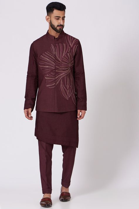 Featuring a wine kurta in slub silk base. It is paired with a matching hand embroidered nehru jacket and trousers.  FIT: True to size. COMPOSITION: Slub silk. CARE: Dry clean only. Jatin Malik, Indian Groom Wear, Mens Sherwani, Kurta Set For Men, Nehru Jacket, Nehru Jackets, Groom Wear, Indian Fashion Designers, Fashion App