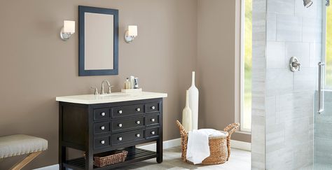 Simplistic Bathroom | Brown Bathroom Gallery | Behr Relaxing Bathroom Colors, Bathroom Ceiling Paint, Popular Bathroom Colors, Popular Interior Paint Colors, Paint Color Visualizer, Blue Bathroom Walls, Gray Shower Tile, Bathroom Wall Colors, Best Bathroom Colors