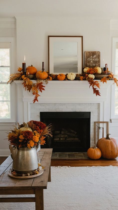 Transform your home into a cozy autumn oasis with these stunning fall Thanksgiving decor DIY ideas Discover elegant table candle centerpieces stylish Hobby Lobby finds inviting front porch decorations cozy living room accents charming farmhouse kitchen touches and modern outdoor decor inspirations Whether you prefer a rustic farmhouse look or a sleek modern vibe these ideas will help you create a warm and welcoming atmosphere for the holiday season Simple Fall Decor Fireplace, Fall Living Room Fireplace Decor, Thanksgiving Decor Mantle, Home Thanksgiving Decor, Thanksgiving Decorations Mantle, Thanksgiving Decorations Fireplace, Thanksgiving Fall Aesthetic, Fall Decor Ideas For The Home Fireplace, Interior Fall Decorating Ideas